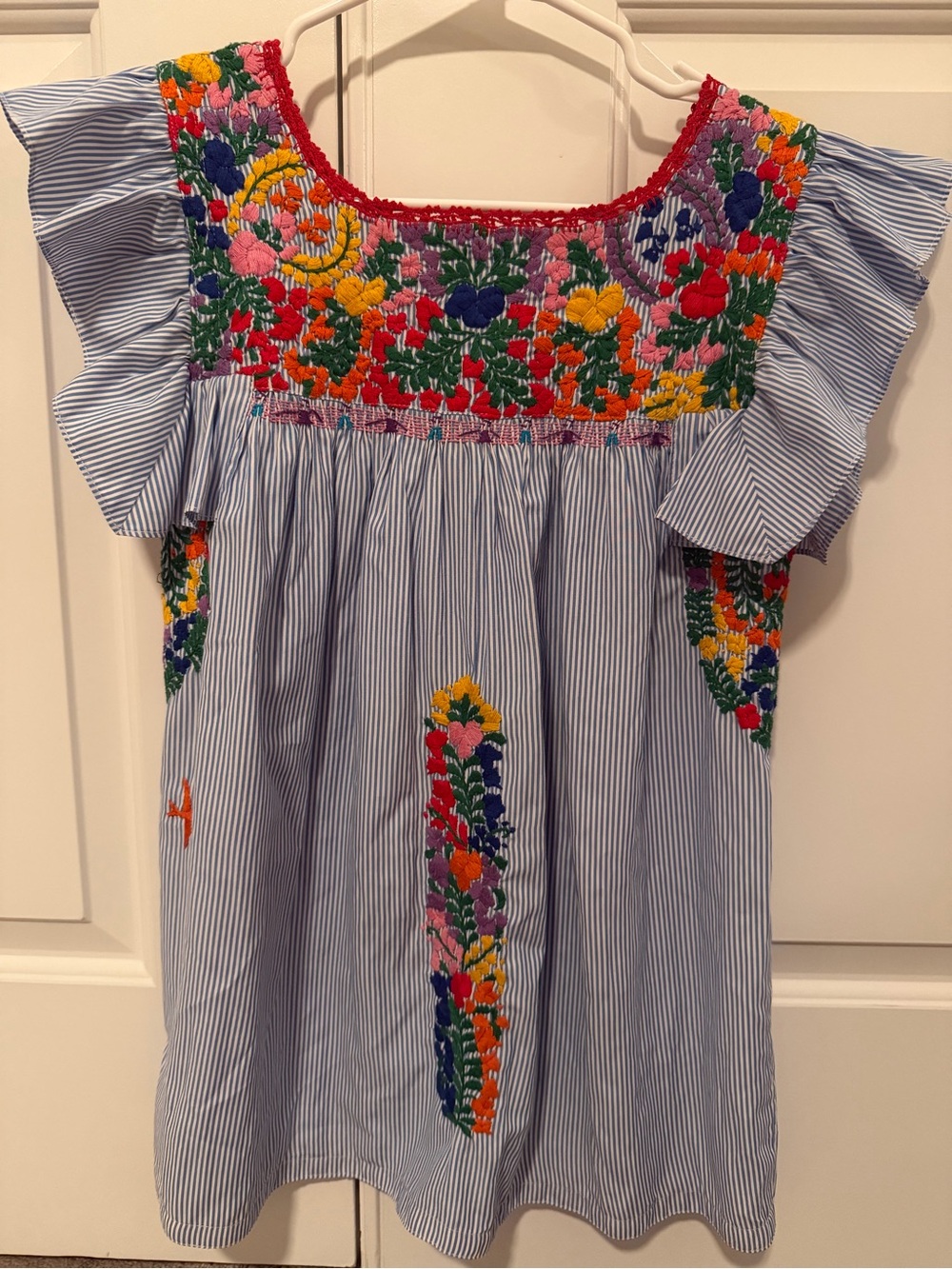 EUC MI Golondrina Blue Stripe Multicolor Embroidered Soledad Blouse Sz XS